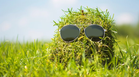 A pair of sunglasses is casually placed on top of a lush, green grass-covered field. The vibrant green blades of grass contrast with the sleek frames of the sunglasses, creating a simple yet striking scene.の素材