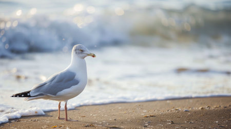 A seagull is standing on the sandy beach, with waves gently lapping at the shore in the background. The bird appears to be scanning its surroundings, possibly looking for food or companionship.の素材