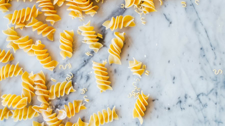 A marble table is covered with a selection of different types of pasta, including spaghetti, penne, fusilli, and farfalle. The rich colors and textures of the various pasta shapes create a visually appealing display.の素材