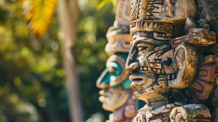 Several carved wooden masks are suspended from branches of a tree. The masks vary in shape, size, and design, with intricate carvings and vivid colors. They sway gently in the breeze, creating an eerie and captivating sight.の素材