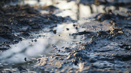 This close-up shot showcases a puddle of water reflecting the surrounding environment. The water appears still, capturing the nearby objects with clarity and detail.の素材