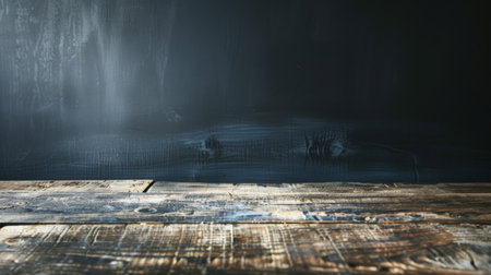 A wooden table sits empty in a dark room, devoid of any objects or decorations. The room is dimly lit, creating a stark contrast against the dark surroundings.の素材