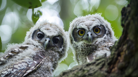 Two small owls with brown and white feathers are perched side by side on a tree branch, looking around with their wide yellow eyes in a forest setting.の素材