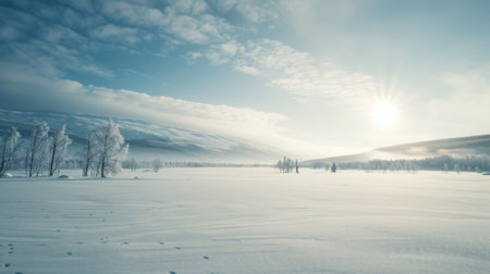 A snow-covered field stretches out with tall trees in the distance, creating a serene winter landscape. The white blanket of snow covers the ground, contrasting with the dark branches of the trees against the sky.の素材