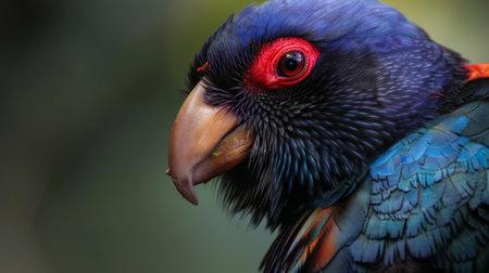 A close-up view of a vibrant bird with colorful plumage and striking red eyes. The bird is the main focus of the shot, showcasing its detailed features and intense gaze.の素材