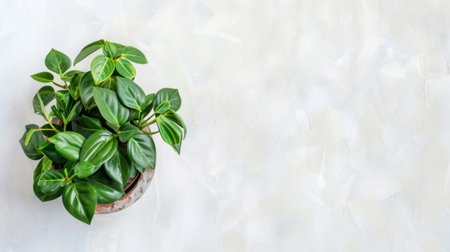 A potted plant with vibrant green leaves stands against a plain white background. The leaves are lush and healthy, adding a touch of nature to the minimalist setting.の素材