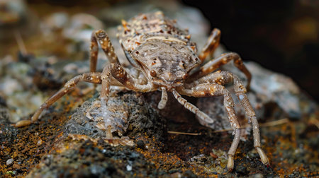 A close-up view of a spider crawling on a rock, showcasing detailed features of the arachnid and the rough texture of the stone surface. The spider moves carefully, its legs gripping the rock for stability.の素材