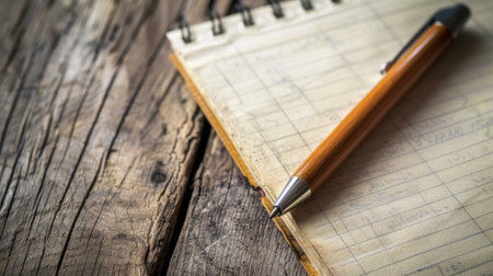 A black notebook rests on a wooden desk with a blue pen lying on top. The notebook is closed, and the pen is in a ready-to-write position.の素材