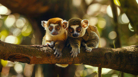 Two small animals are perched atop a tree branch, looking around the surroundings. They appear comfortable and at ease in their elevated position.の素材