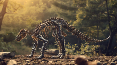 A dinosaur skeleton stands tall in the center of a dense forest, surrounded by trees, ferns, and undergrowth. The ancient bones create a striking contrast with the natural environment.の素材