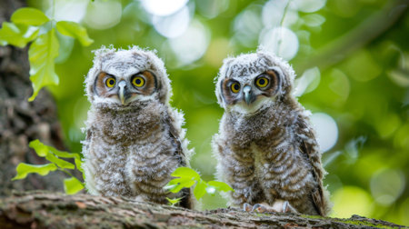 Two small owls with fluffy feathers and large round eyes are sitting side by side on a sturdy tree branch. The owls appear alert and curious as they observe their surroundings.の素材