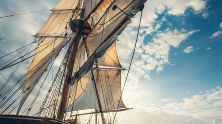 A sailboat with billowed sails moves gracefully across the water, cutting through gentle waves, under a sky filled with heavy, gray clouds.の素材