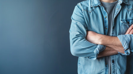 A man standing with his arms crossed, wearing a denim shirt and a serious expression on his face. He appears confident and strong.の素材