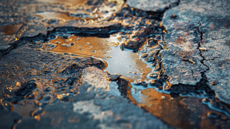 A close-up view of a street with a large puddle of water reflecting surrounding buildings and sky. Rainwater has collected in the pothole, creating a mirror-like surface.の素材