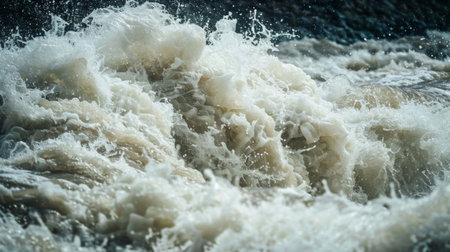 A detailed view of a wave as it breaks in the water, displaying its dynamic movement and energy. The water appears frothy and turbulent, with the wave cresting and creating a white foam.の素材
