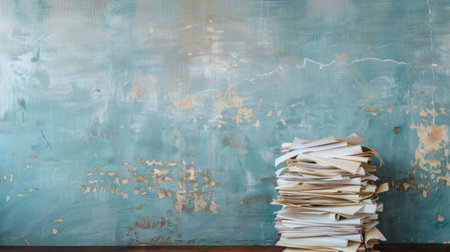 A neat stack of papers is seen resting on top of a polished wooden floor. The papers appear to be positioned carefully and are in pristine condition.の素材