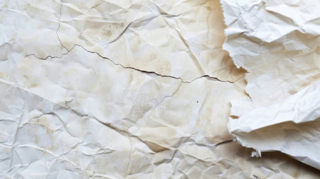 A piece of paper has been violently ripped off, leaving jagged edges and a clean tear in the center. The torn paper is slightly crumpled and rests on a flat surface.の素材