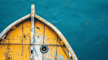 A yellow and blue boat is floating on the calm water, with ripples forming around it. The boat appears to be stationary, with no occupants visible.の素材