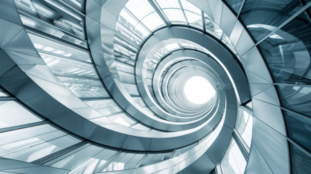 A spiral staircase in a building with numerous windows, showcasing a unique architectural design and allowing natural light to illuminate the space. The staircase leads upwards, creating a visually striking element against the backdrop of the windows.の素材