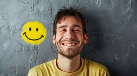 A man is standing in front of a wall with a smiley face drawn on it, smiling joyfully at the camera. The contrast between his genuine smile and the simplistic drawn smiley face adds a touch of whimsicality to the scene.の素材