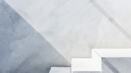 A white staircase is illuminated by a bright light shining directly on it, creating a stark contrast between the steps and the surrounding darkness. The light highlights the clean lines and simple design of the staircase.の素材