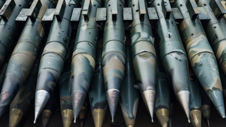 An assortment of bullet shells neatly arranged and lined up on a shelf. The shiny brass casings catch the light, displaying various calibers and types of ammunition.の素材