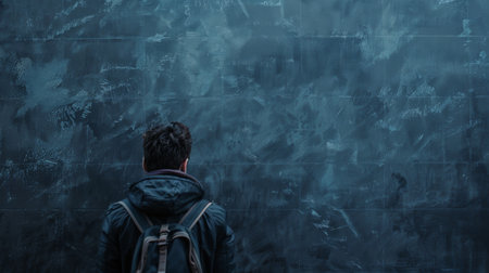 A man wearing a backpack is standing in front of a concrete wall. He appears to be looking at something off-camera while holding onto the straps of his backpack.の素材