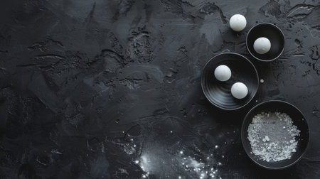 Three bowls filled with flour and three eggs are arranged neatly on a black surface. The ingredients appear ready for baking or cooking purposes.の素材