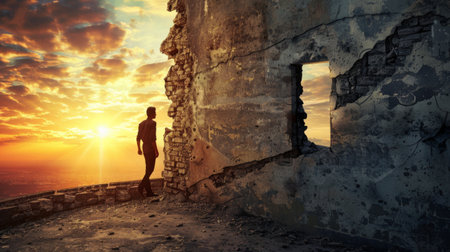 A man is seen standing on top of a cliff next to a window, looking out at the view below. The cliff drops steeply, and the window appears to be part of a structure built into the rock face.の素材