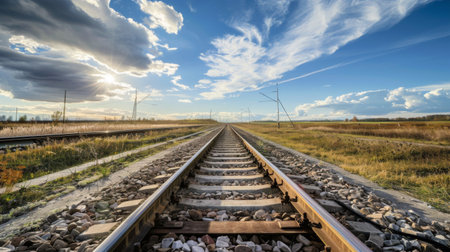 A train track cutting through a vast field, surrounded by green grass and under a clear sky. The straight metal rails continue into the distance, disappearing on the horizon.の素材
