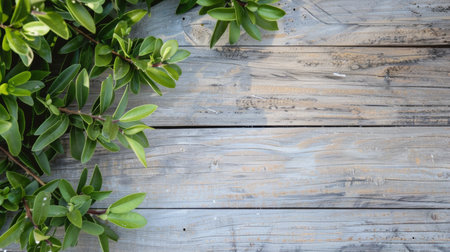 Several green leaves are scattered on a textured wooden surface. The leaves vary in shape and size, creating a rustic and natural element against the warm wooden backdrop.の素材