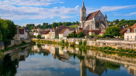 A river flows through a quaint small town, with a charming church standing on its banks. The town is bustling with activity, with people crossing the bridge and boats sailing along the water.の素材