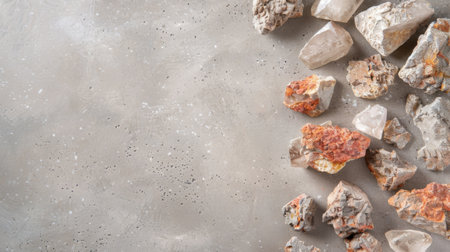 A pile of rocks sits atop a flat cement floor, creating a stark contrast between the rough, irregular textures of the rocks and the smooth surface of the floor. The rocks vary in size and shape, ranging from small pebbles to larger boulders.の素材