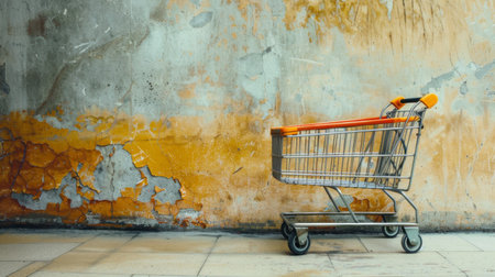 A metal shopping cart is left abandoned in front of a grimy, weathered wall. The cart is empty, with its wheels resting on the cracked pavement, creating a stark urban scene.の素材