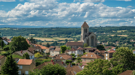 A small town with houses and buildings clustered around a central church. The church stands tall and dominates the skyline, surrounded by quaint streets and homely structures.の素材