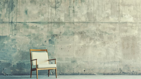 A simple chair is positioned in front of a weathered concrete wall, creating a stark contrast in texture and color. The chair stands empty in a minimalist setting.の素材