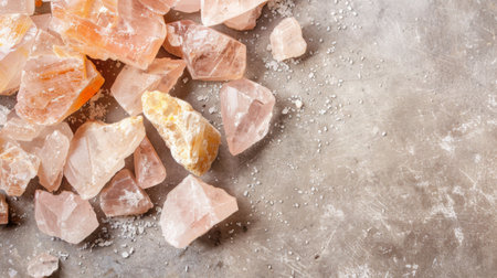 A collection of pink and yellow crystals is neatly stacked on top of a wooden table. The crystals sparkle in the light, creating a colorful and eye-catching display.の素材