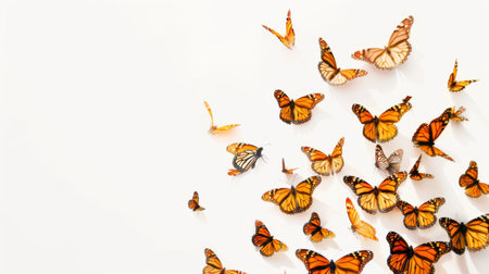 A group of colorful butterflies gracefully fluttering through the air, showcasing their delicate wings in motion. The butterflies are in various sizes and colors, creating a beautiful sight as they dance in the sky.の素材