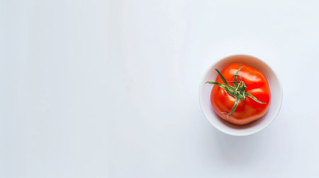 A ripe red tomato sits in a white bowl placed on a clean white surface. The tomato stands out against the minimalist background, showcasing its vibrant color and round shape.の素材