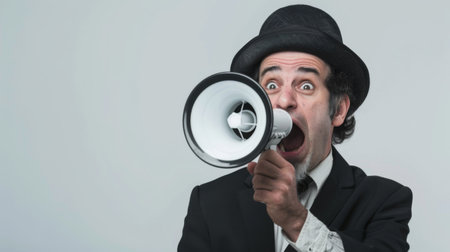 A man with a surprised look on his face holds a megaphone, possibly caught off guard by something he heard or saw. His eyes wide open, mouth slightly agape, conveying shock or unexpected news.の素材