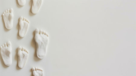 Multiple small white baby feet are placed on a clean white surface, creating a visually striking composition.の素材