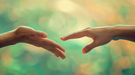 Two hands are extended towards each other, fingers outstretched and palms open. The hands are approaching each other in a gesture of reaching out and connecting.の素材