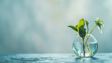 A glass vase filled with clear water, displaying a single flower standing upright. The flowers delicate petals and stem are visible through the water, creating a simple yet elegant composition.の素材
