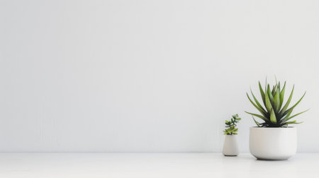 A white table is shown with two white vases on top, each filled with green plants. The vases are small and cylindrical, adding a touch of nature to the minimalist setting.の素材