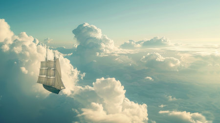 A sailboat drifts through clouds as the sun shines brightly in the sky. The boats white sails contrast against the fluffy clouds, creating a surreal and dreamlike scene.の素材