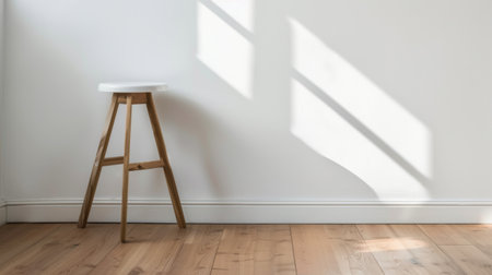 A simple wooden stool is placed in front of a clean white wall. The stool is the focal point of the room, creating a minimalist and functional design.の素材