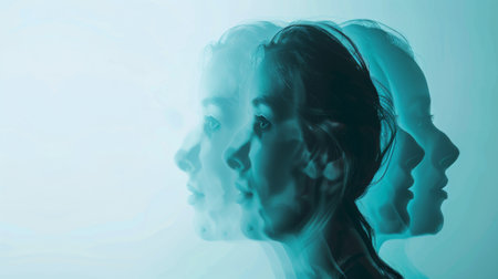 A womans face is visible through a piece of transparent glass, her features partially obscured by the reflective surface as she looks towards the camera.の素材