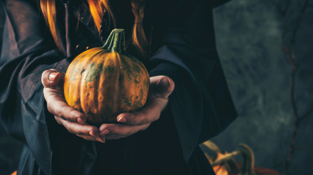 A person is shown holding a pumpkin in their hands. The pumpkin is orange and round, with a rough textured skin. The persons hands are gripping the pumpkin firmly, showcasing the contrast in sizes between the pumpkin and the hands.の素材