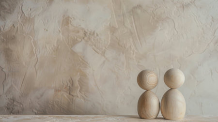 Two small wooden figurines are placed on top of a table, positioned in a sitting posture. The figures appear to be facing each other, showcasing a simple and rustic aesthetic.の素材