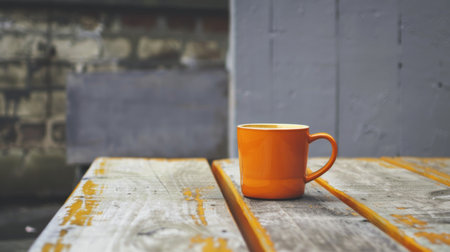 A bright yellow coffee cup is placed on top of a solid wooden table. The cup is empty, its handle facing slightly to the right. The tables surface is smooth and polished, highlighting the cups vibrant color.の素材